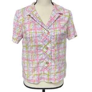 vintage 1970s women's short sleeve plaid button down top pink green small